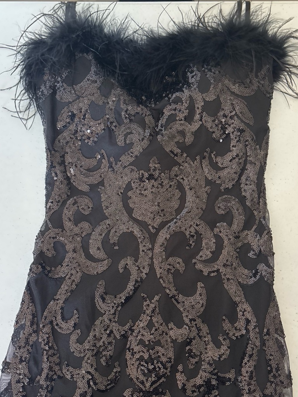 Windsor Black Chemise with Brown Sequin Scrollwork and Feather Trim